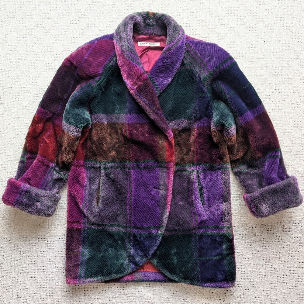 Donnybrook Oversized Faux Fur Coat Women's M Vintage USA 80s Purple Plaid